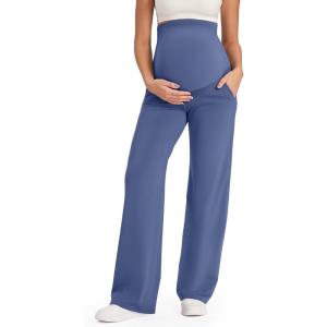 imageG4Free Maternity Pants Over The Belly Yoga Dress Work Pregnancy Pants Stretchy Lounge Wide Leg Trousers with PocketsDenim Blue