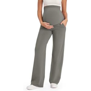 imageG4Free Maternity Pants Over The Belly Yoga Dress Work Pregnancy Pants Stretchy Lounge Wide Leg Trousers with PocketsMocha Brown