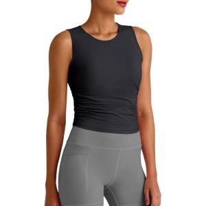 imageG4Free Lightbreeze Workout Tank Tops for Women Side Ruched Sleeveless High Neck Crop Top Summer Athletic Gym ShirtsBlack