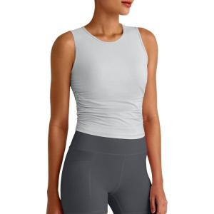 imageG4Free Lightbreeze Workout Tank Tops for Women Side Ruched Sleeveless High Neck Crop Top Summer Athletic Gym ShirtsGray