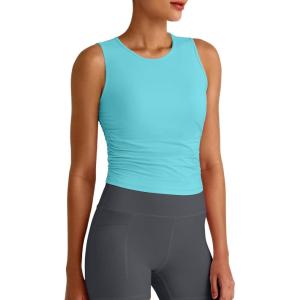 imageG4Free Lightbreeze Workout Tank Tops for Women Side Ruched Sleeveless High Neck Crop Top Summer Athletic Gym ShirtsLake Blue