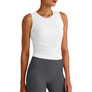 imageG4Free Lightbreeze Workout Tank Tops for Women Side Ruched Sleeveless High Neck Crop Top Summer Athletic Gym ShirtsWhite