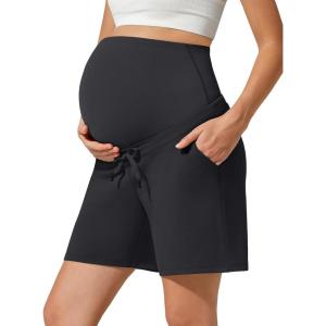 imageG4Free EverGoing Maternity Athletic Shorts with Pockets Over The Belly Drawstring Casual Pregnancy Shorts Yoga WorkoutBlack