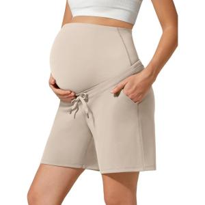 imageG4Free EverGoing Maternity Athletic Shorts with Pockets Over The Belly Drawstring Casual Pregnancy Shorts Yoga WorkoutLight Khaki