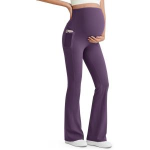 imageG4Free BareFeel Maternity Flare Leggings with Pockets Over The Belly Stretchy Casual Lounge Pregnancy Dress Pants for WorkGrape Purple