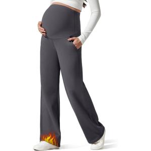 imageG4Free Flurrylux Fleece Lined Maternity Wide Leg Pants Cotton Over The Belly Pregnancy SweatpantsDark Gray