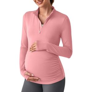 imageG4Free Lightweight Maternity Long Sleeve Workout Tops UPF 50 Rash Guard Half Zip Sun Shirts Ruches Pregnancy PulloverPink