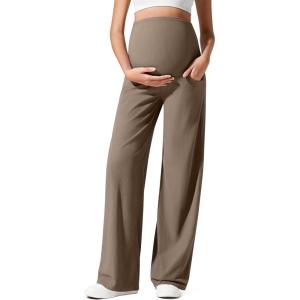 imageG4Free Ribbed Maternity Yoga Pants with Pockets Over The Belly Wide Leg Casual Pregnancy Lounge TrousersDark Brown