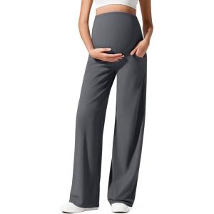 imageG4Free Ribbed Maternity Yoga Pants with Pockets Over The Belly Wide Leg Casual Pregnancy Lounge TrousersDark Gray