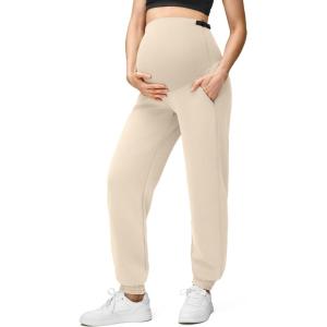 imageG4Free Smoofit Modal Soft Maternity Joggers with Pockets Over The Belly Pregnancy Casual SweatpantsLight Khaki