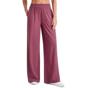 imageG4Free Chillwhisp Lightweight Flowy Wide Leg Pants Women Elastic Waist Drapey Casual Pants with PocketsWine