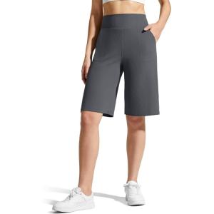 imageG4Free Ribbed Womens 11quot Bermuda Shorts with Pockets High Waisted Knee Length Long Shorts Casual WorkoutDark Gray
