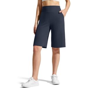 imageG4Free Ribbed Womens 11quot Bermuda Shorts with Pockets High Waisted Knee Length Long Shorts Casual WorkoutDark Navy