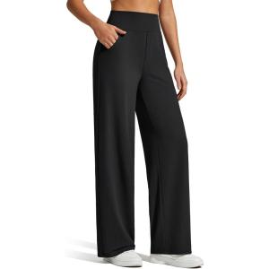 imageG4Free Breathable Ribbed Knit Wide Leg Yoga Pants Women Stretch Yoga Pants High Waist Trouser with PocketsBlack