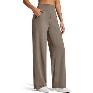 imageG4Free Breathable Ribbed Knit Wide Leg Yoga Pants Women Stretch Yoga Pants High Waist Trouser with PocketsDark Brown