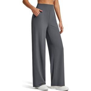 imageG4Free Breathable Ribbed Knit Wide Leg Yoga Pants Women Stretch Yoga Pants High Waist Trouser with PocketsDark Gray