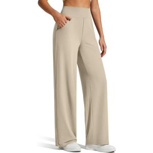 imageG4Free Breathable Ribbed Knit Wide Leg Yoga Pants Women Stretch Yoga Pants High Waist Trouser with PocketsDirty Latte