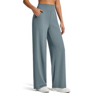 imageG4Free Breathable Ribbed Knit Wide Leg Yoga Pants Women Stretch Yoga Pants High Waist Trouser with PocketsGray Blue