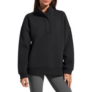 image:imageG4Free Flurrylux Womens Fleece Lined Sweatshirts Half Zip Dropped Shoulder Oversized Pullover Loose FuzzyBlack