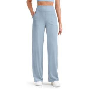 image:imageG4Free Womens Ribbed Knit Wide Leg Pants with Pockets Lightweight Stretchy Yoga Pants Casual LoungeBlue Willow
