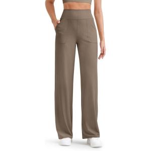 image:imageG4Free Womens Ribbed Knit Wide Leg Pants with Pockets Lightweight Stretchy Yoga Pants Casual LoungeDark Brown