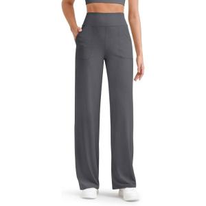 image:imageG4Free Womens Ribbed Knit Wide Leg Pants with Pockets Lightweight Stretchy Yoga Pants Casual LoungeDark Gray
