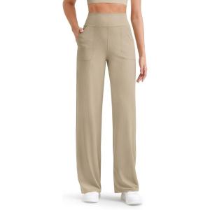 image:imageG4Free Womens Ribbed Knit Wide Leg Pants with Pockets Lightweight Stretchy Yoga Pants Casual LoungeDirty Latte