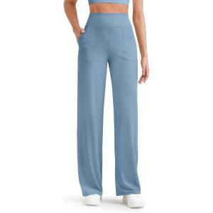 image:imageG4Free Womens Ribbed Knit Wide Leg Pants with Pockets Lightweight Stretchy Yoga Pants Casual LoungeDusty Blue