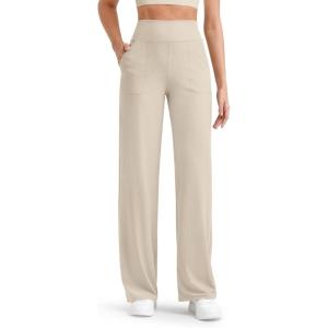 image:imageG4Free Womens Ribbed Knit Wide Leg Pants with Pockets Lightweight Stretchy Yoga Pants Casual LoungeLight Khaki