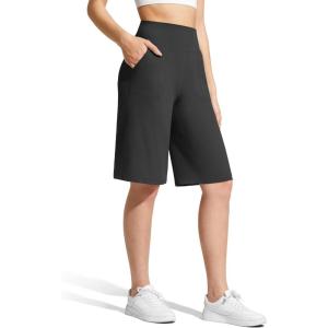 image:imageG4Free Ribbed Womens 11 Bermuda Shorts with Pockets High Waisted Knee Length Long Shorts Casual WorkoutBlack