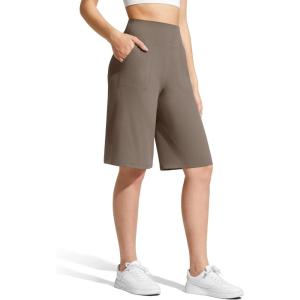 image:imageG4Free Ribbed Womens 11 Bermuda Shorts with Pockets High Waisted Knee Length Long Shorts Casual WorkoutDark Brown