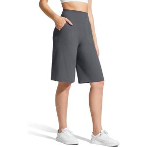image:imageG4Free Ribbed Womens 11 Bermuda Shorts with Pockets High Waisted Knee Length Long Shorts Casual WorkoutDark Gray