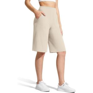 image:imageG4Free Ribbed Womens 11 Bermuda Shorts with Pockets High Waisted Knee Length Long Shorts Casual WorkoutLight Khaki
