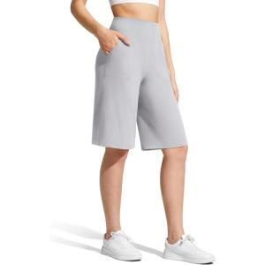 image:imageG4Free Ribbed Womens 11 Bermuda Shorts with Pockets High Waisted Knee Length Long Shorts Casual WorkoutSilver Gray