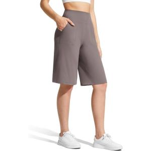 image:imageG4Free Ribbed Womens 11 Bermuda Shorts with Pockets High Waisted Knee Length Long Shorts Casual WorkoutTaupe