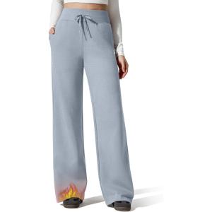 image:imageG4Free Flurrylux Womens Fleece Lined Wide Leg Sweatpants Drawstring Cotton Warm Lounge PantsCool Gray