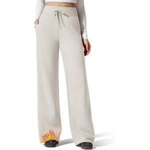 image:imageG4Free Flurrylux Womens Fleece Lined Wide Leg Sweatpants Drawstring Cotton Warm Lounge PantsDusty Taupe
