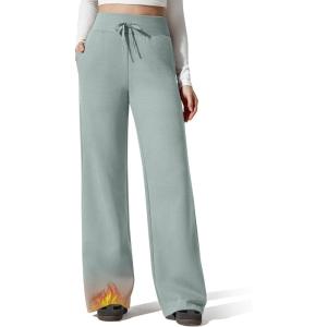 image:imageG4Free Flurrylux Womens Fleece Lined Wide Leg Sweatpants Drawstring Cotton Warm Lounge PantsSmoky Green
