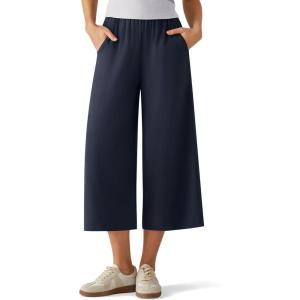 image:imageG4Free Chillwhisp Flowy Capri Pants for Women Lightweight Wide Leg Palazzo Cropped Pants Elastic Waist Yoga CaprisDark Navy