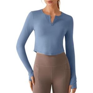 image:imageG4Free Lightbreeze Women UPF 50 Sun Shirts Thumbholes Long Sleeve Crop Workout Tops V Neck TShirts CasualDusty Blue