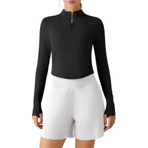 image:imageG4Free Lightbreeze Womens UPF 50 Sun Shirts Long Sleeve Crop Workout Tops Thumbholes Mock Neck Quater Zip Tees RunningBlack