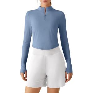 image:imageG4Free Lightbreeze Womens UPF 50 Sun Shirts Long Sleeve Crop Workout Tops Thumbholes Mock Neck Quater Zip Tees RunningDusty Blue
