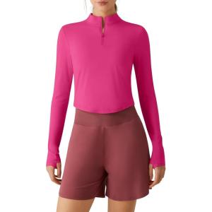 image:imageG4Free Lightbreeze Womens UPF 50 Sun Shirts Long Sleeve Crop Workout Tops Thumbholes Mock Neck Quater Zip Tees RunningHot Pink