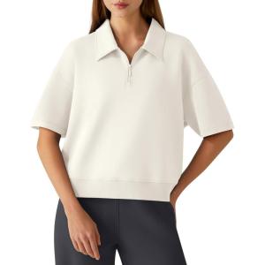 image:imageG4Free Smoofit Modal Soft Polo Shirts for Women Zip Up Short Sleeve Tops Loose Fit for Casual Business WorkIvory