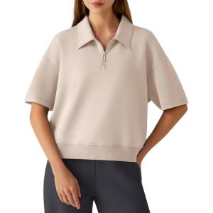 image:imageG4Free Smoofit Modal Soft Polo Shirts for Women Zip Up Short Sleeve Tops Loose Fit for Casual Business WorkLight Khaki