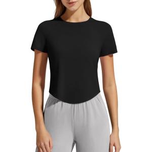 image:imageG4Free Womens Cropped Workout Tops Crewneck Short Sleeve TShirt Relaxed Fit Casual Athletic Waist Length TeesBlack