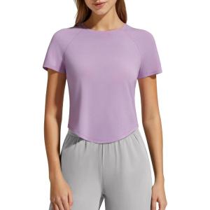image:imageG4Free Womens Cropped Workout Tops Crewneck Short Sleeve TShirt Relaxed Fit Casual Athletic Waist Length TeesLight Purple