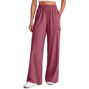 image:imageG4Free Chillwhisp Lightweight Wide Leg Cargo Pants Women Elastic Waist Flowy Palazzo Pants for Casual TravelBurgundy