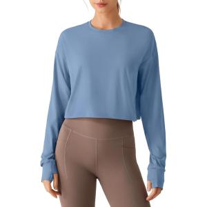 image:imageG4Free Lightbreeze Drawstring Hem Workout Tops Women  UPF 50 UV Shirts Long Sleeve Crop with Thumbholes Loose FitDusty Blue