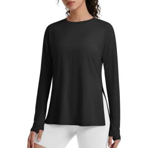 image:imageG4Free Lightbreeze Side Slits Workout Long Sleeve Shirts for Women  UPF 50 Crewneck Tops with Thumbholes Loose CasualBlack
